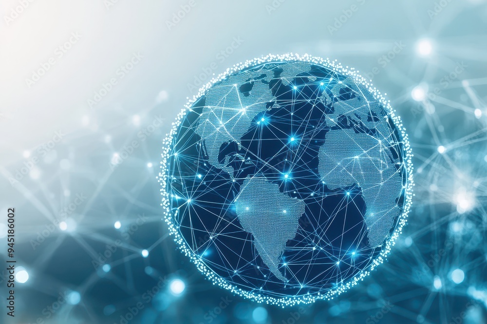 Poster global financial connections conceptualized in minimal line art with digital network overlay