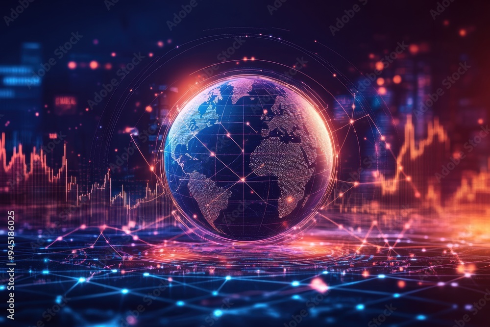 Poster global financial networks: abstract minimal line art globe with digital network overlay