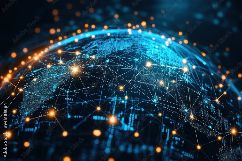 Poster global financial connectivity - minimal line art globe with digital network overlay