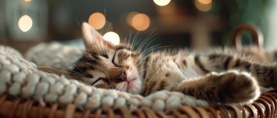 Serene Kitten Resting in Cozy Wicker Basket - Peaceful Domestic Cat Napping Comfortably in Basket at Home
