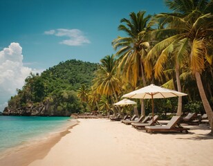 Summer Resort Beach Sea Relax Travel Vacation Palm Tropic Copy Space Banner Background Hotel. Ai generated images