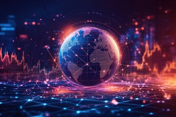 Obraz premium Global Financial Networks: Abstract Minimal Line Art Globe with Digital Network Overlay