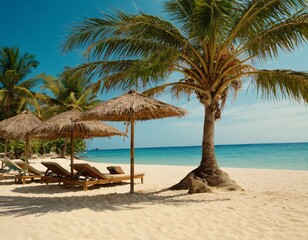 Summer Resort Beach Sea Relax Travel Vacation Palm Tropic Copy Space Banner Background Hotel. Ai generated images