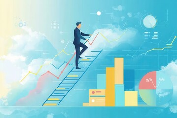 Corporate Climb: Minimalist Businessman Ascending Graphical Ladder in Pastel Hues
