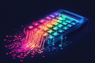 Digital Finance Concept: Minimalist Calculator with Binary Code in Neon Colors