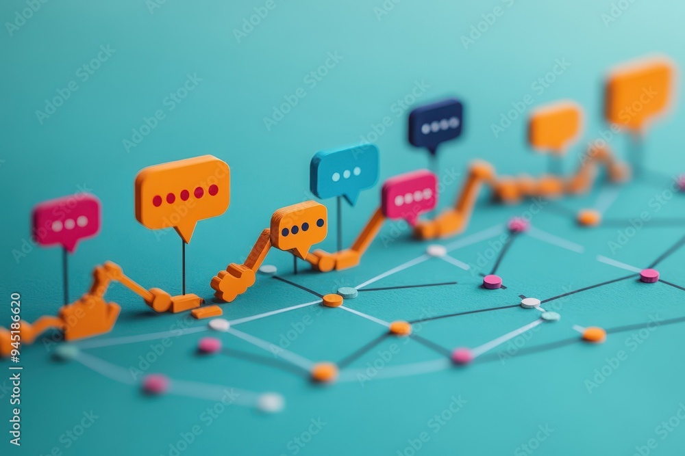 Poster dynamic business communication concept with speech bubbles stock chart in modern minimalist style