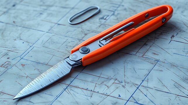 Orange Pocket Knife on a Blue Surface.