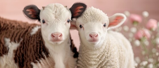 Obraz premium Harmony in the Pasture - Cute Calf and Lamb Standing Together in a Green Field on a Sunny Day