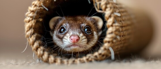 Obraz premium Curious Young Ferret Emerging from Tube Toy in Playful Exploration
