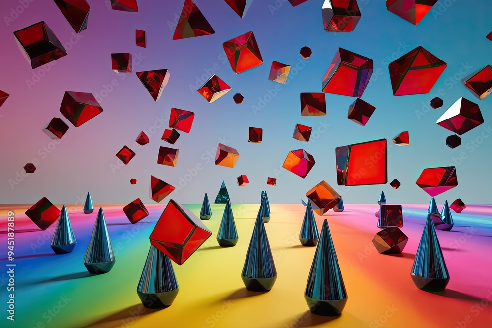 Poster surreal 3d art with angular shapes and reflective glass figures on a colorful background