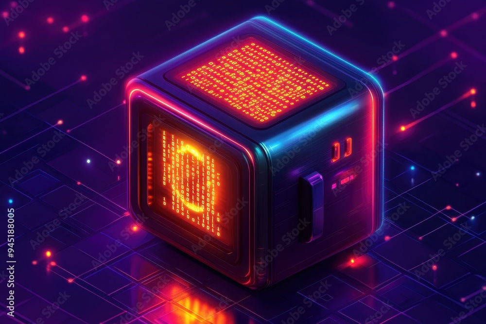 Poster digital safe with glowing binary code - cybersecurity in finance futuristic illustration