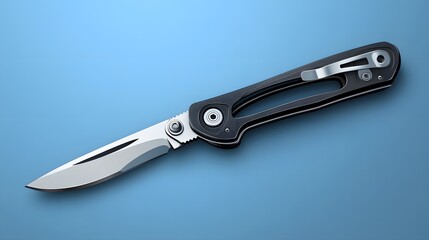 Obraz premium Black Pocket Knife on Blue Background.