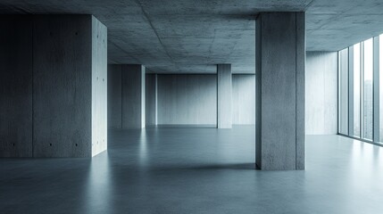 A minimalist interior space featuring concrete walls and large windows.