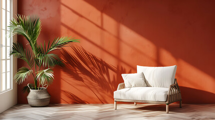 A cozy white loveseat sits in front of a terracotta wall in a sunlit room, inviting relaxation and warmth.