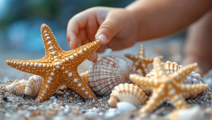 A child's hand reaches out to touch a starfish on the beach, surrounded by other seashells and sand.