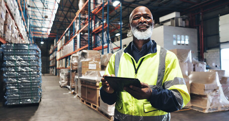 Black man, smile and tablet in warehouse for inspection, inventory check and stock management for web. Logistic, thinking or mature supervisor with tech for shipping order, quality control or courier