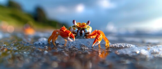 Miniature Crab Adventure: Tiny Crustacean Scuttling Across Sandy Beach in Coastal Scene