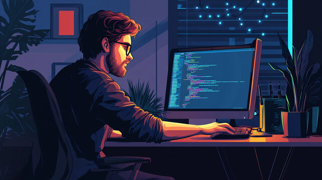A programmer focused on coding late at night in a dimly lit room surrounded by plants and glowing screens