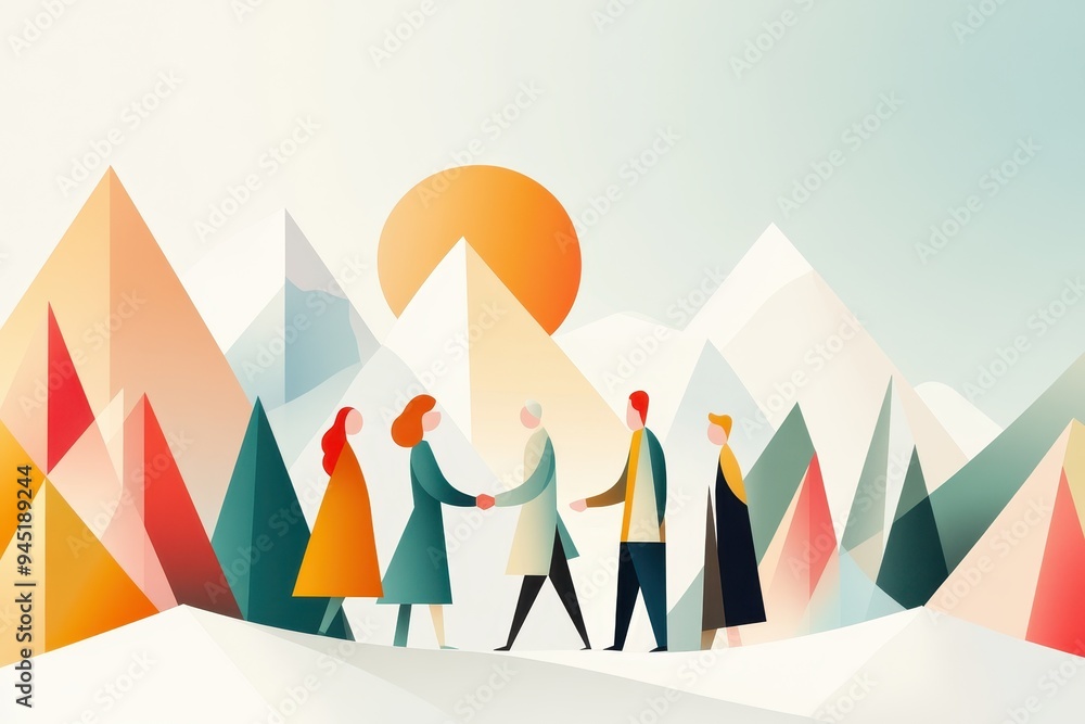 Poster corporate negotiation - abstract figures handshake on gradient background with clean lines