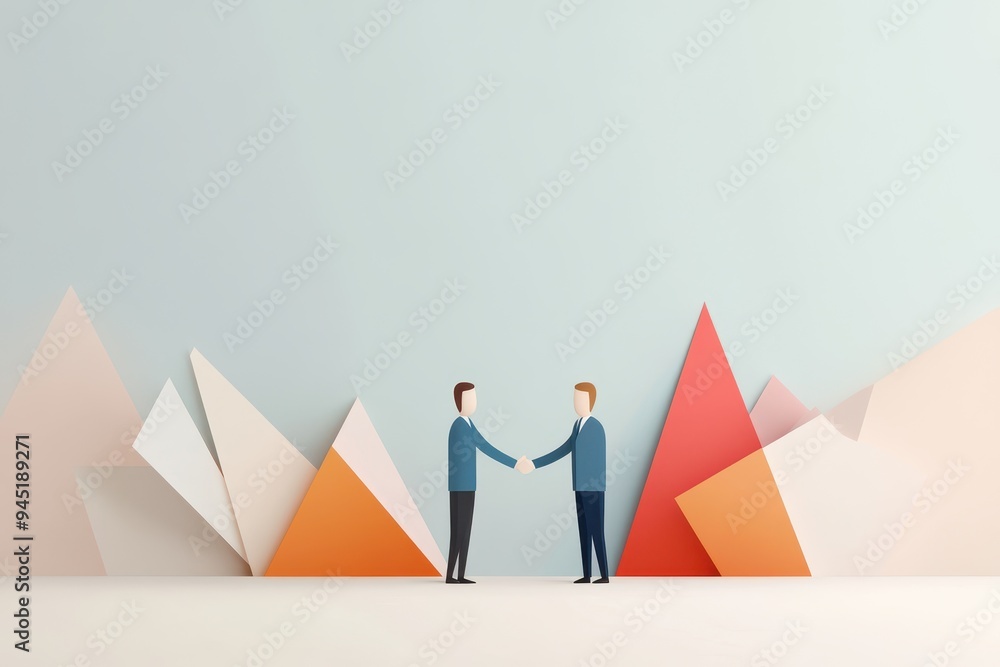 Poster modern business negotiation with abstract figures and handshake on gradient background