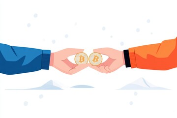 Minimalist Line Art of Hands Exchanging Coin in Light Blue and White Colors with Flat Design Style