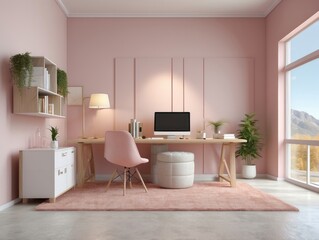Modern Minimalist Pink Home Office with Desk, Chair, and Plants