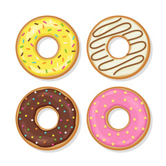 Top view of birthday pastry doughnuts. Sweet donuts with glaze. Set glossy icing desserts isolated on white background. Chocolate confectionery. Flat design. Vector illustration.