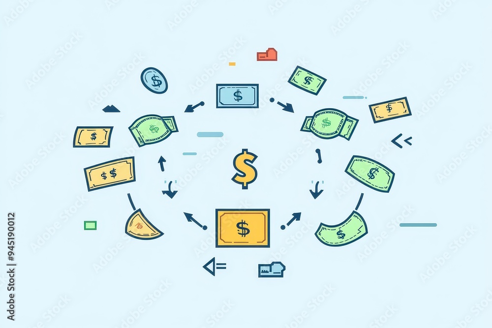 Poster streamlined cash flow dynamics with currency icons and rotation arrows in minimalist design style