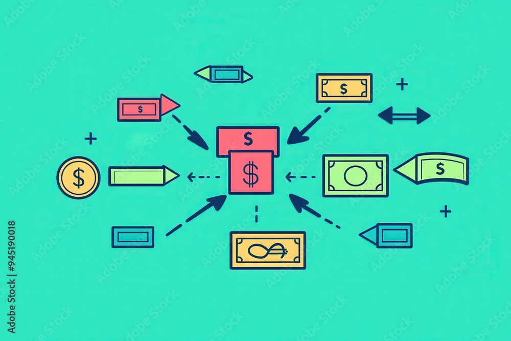 Poster modern minimalist cash flow concept with circulating arrows and currency icons in flat colors
