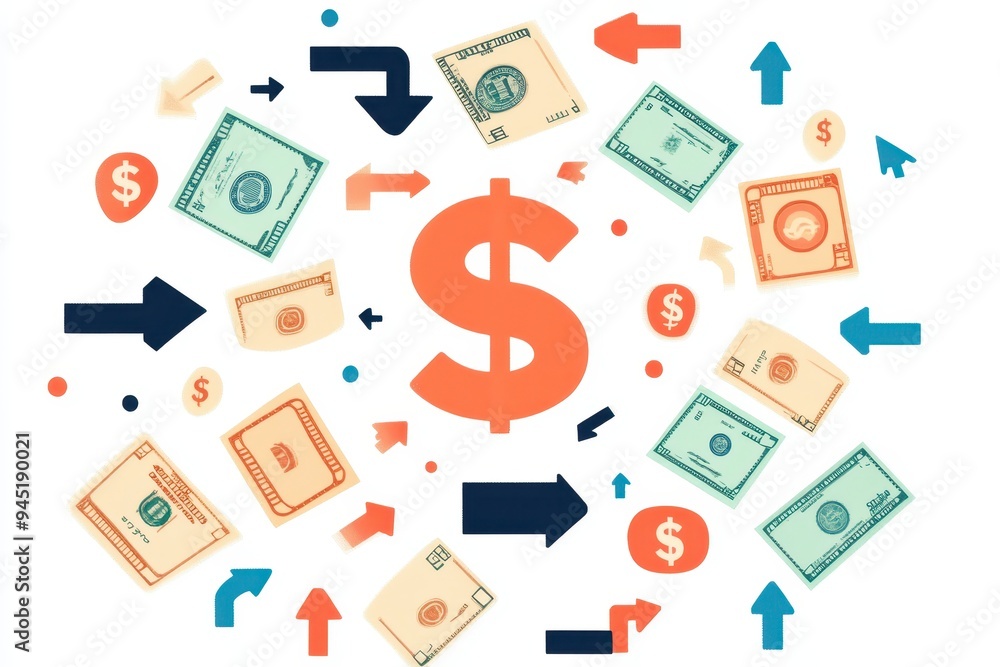 Poster flowing currency arrows: minimalist cash movement concept with circular arrows and currency symbols 