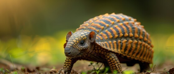 Fototapeta premium Adorable Baby Armadillo Exploring Lush Green Grass Outdoors