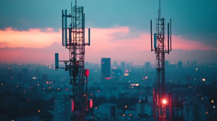 Telecommunication towers at dusk with a cityscape backdrop, highlighting urban connectivity and modern infrastructure.