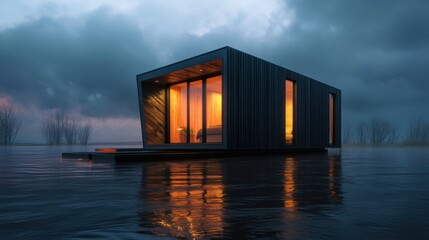 Fototapeta premium Innovative Modular Housing in Floodplain with Resilient Design for Sustainability and Environmental Adaptability