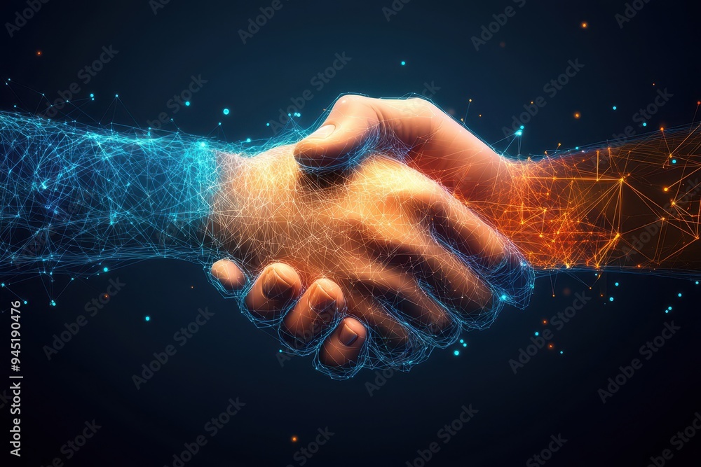 Poster digital handshake of the future - abstract concept with glowing particles and futuristic design