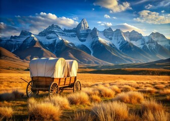 Naklejka premium A covered wagon navigates the open prairie, its wooden wheels and canvas top weathered from countless miles, distant mountains rising up against the horizon.