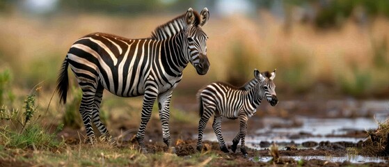 Naklejka premium Adorable Baby Zebra Standing Beside Loving Mother in the Wild