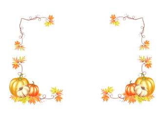 Autumn pumpkins with maple leaves on twigs. Fall frame horizontal for Harvest or Halloween. Hand drawn watercolor illustration isolated. Natural template with copy space for card, Thanksgiving, sale.