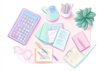 Serene Financial Planner's Desk with Pastel Colors, Top-Down View