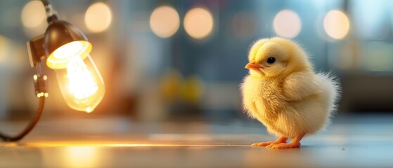 Cozy Fluffy Chick Basking Under Warm Heat Lamp in Brooder Cage, Farming Concept