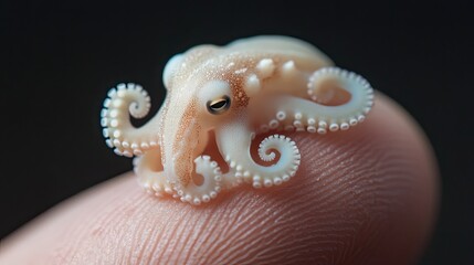 Finger-sized octopus: A delicate octopus resting on a finger, a close-up shot that reveals the intricacy of marine life