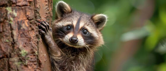 Fototapeta premium Curious Young Raccoon Climbing a Tree in the Forest