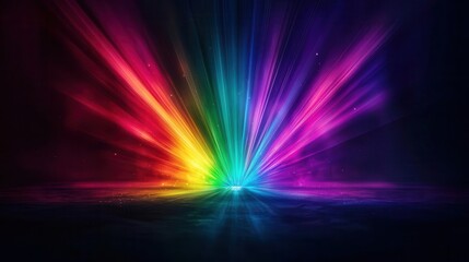 Dazzling light rays fanning out from a central source, rainbow colors, dramatic concert setting, vibrant and energetic