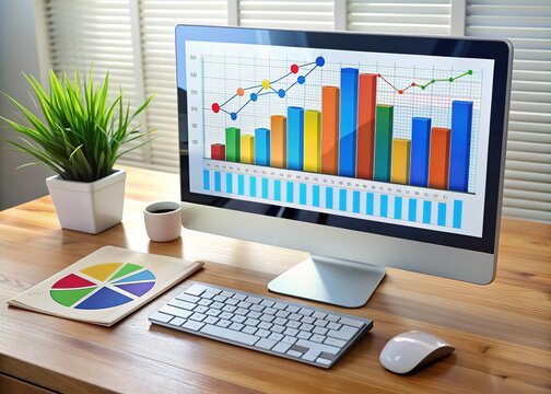 Colorful graphs and charts fill a computer screen, displaying a vast array of data and analytics, with a keyboard and mouse lying nearby.