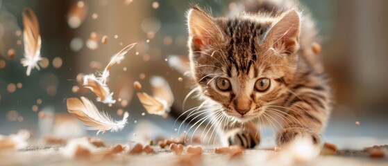 Obraz premium Adorable Kitten Engaged in Playful Pouncing with Feather Toy
