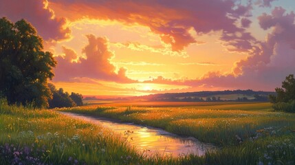 Obraz premium Golden hour sunrise: The morning sky is painted with a spectrum of colors, from deep oranges to soft pinks, as the sun rises