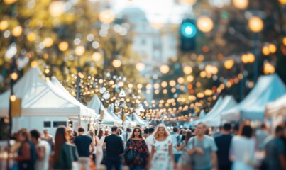 A crowd of people walking through a street with lights hanging from trees. AI.