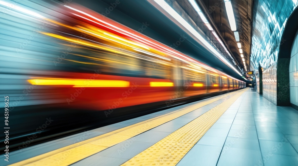 Poster blurred motion of a train in a subway. this image depicts the speed and movement of public transport