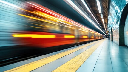 Blurred motion of a train in a subway. This image depicts the speed and movement of public transportation.
