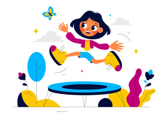 Vector Illustration of a Little Boy or Girl Jumping on a Trampoline, Enjoying Summer Outdoor Activities with a Flat Style Cartoon Background