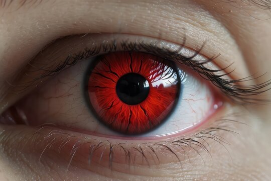 Fierce scary red eyes on a dark textured face. Demonic eyes. Concept of Halloween, horror, evil spirits, supernatural beings, demons